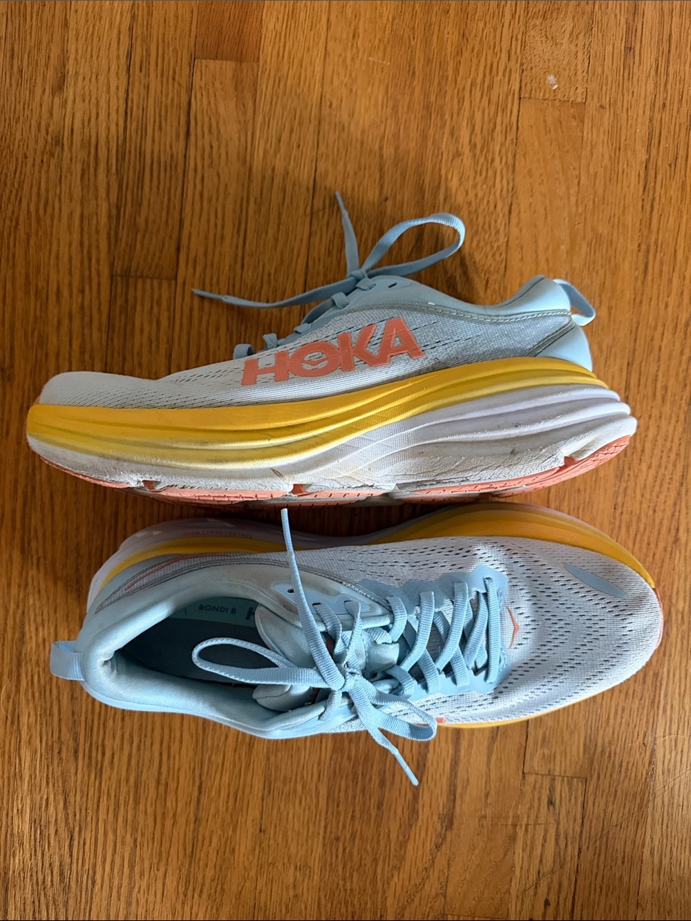 HOKA Women's Light Blue with Yellow and Athletic Running Shoes Bondi 8 size 10